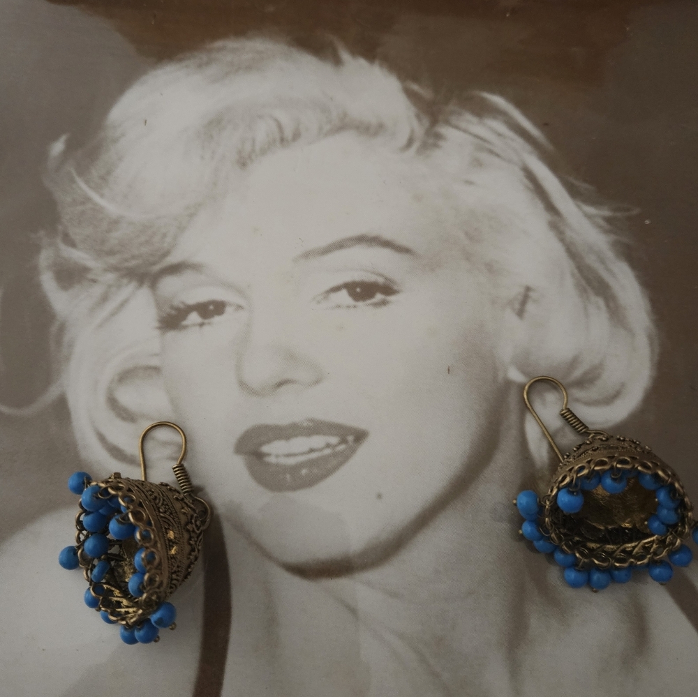 Jhumka Earrings with Turquoise Beads - Picture 4 of 7